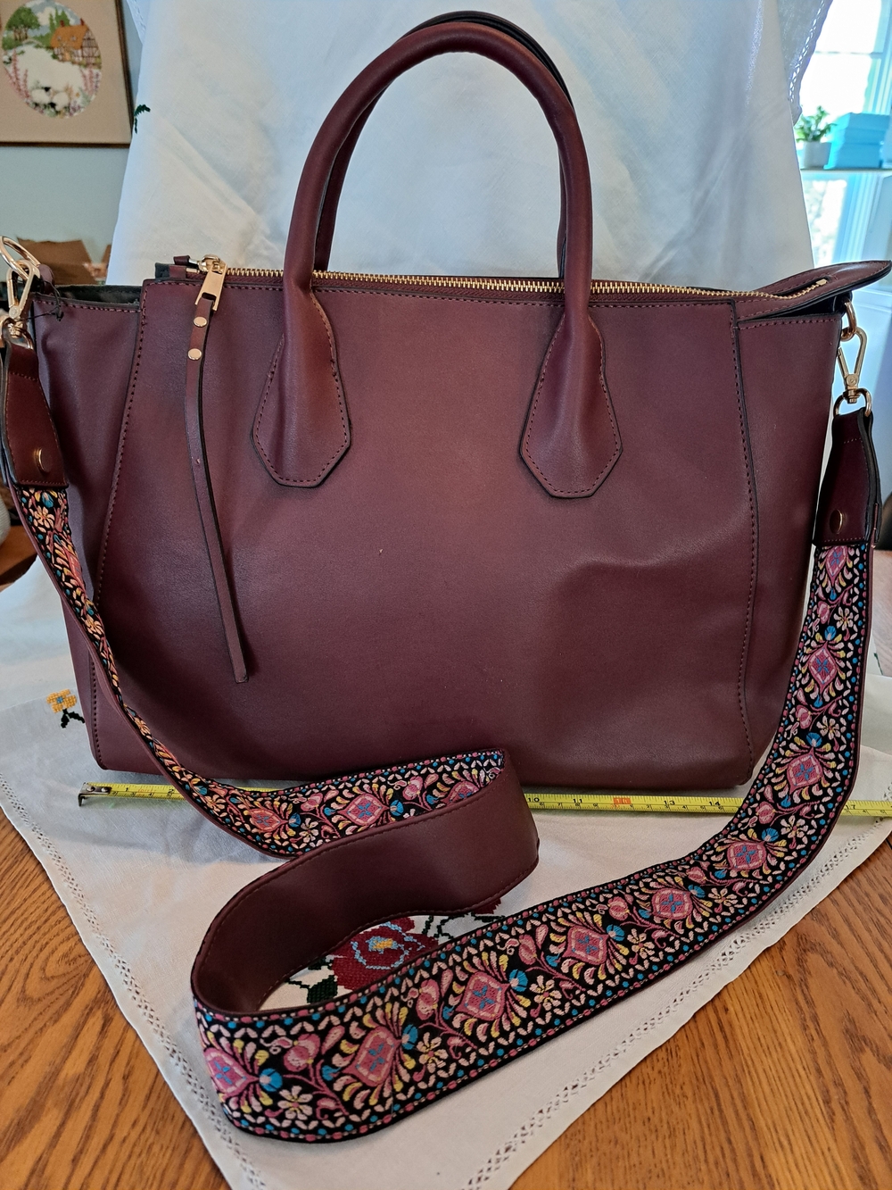 Women’s Burgundy Tote Bag with Decorative Strap